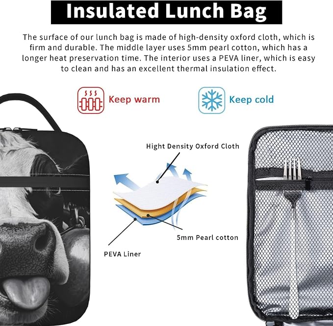 Cow Insulated Lunch Box for Women Men Cow Lunch Bag for Travel, or Fishing
