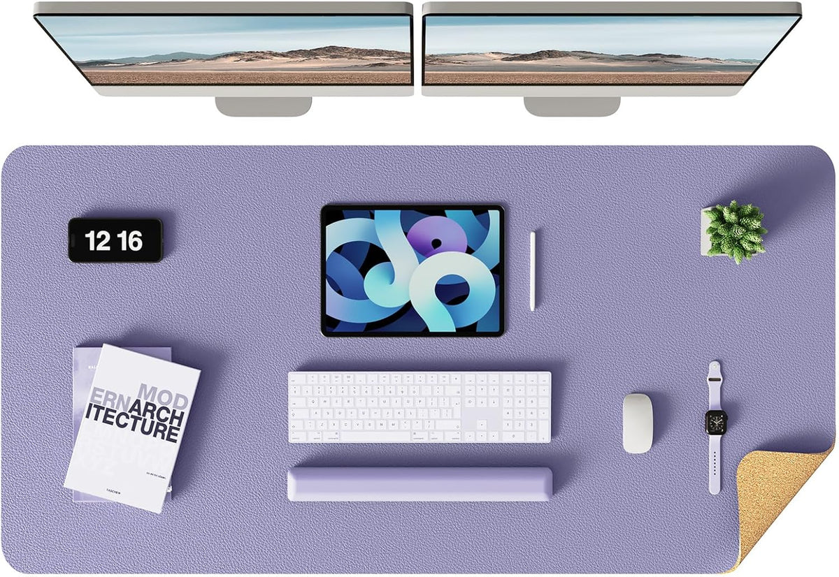 YSAGi Double-Sided Desk Pad, Leather Desk Mat, Eco Cork Desk Pad Protector, Large Mouse Pad for Desk, Waterproof Desk Blotter Pad, Desk Writing Pad for Office Work/Home (Purple+Cork, 47.2" x 23.6")