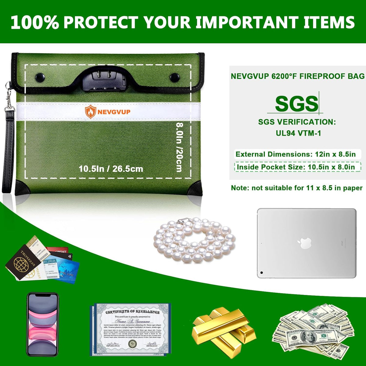 6200°F Fireproof Money Bag with Lock, Upgraded Fireproof Bags w. Zipper/Reflective Strip, 9 Layers of Heat Insulated Materials, Water Resistant Fire proof Money Bag for Cash, Fire Pouch for A5 Files