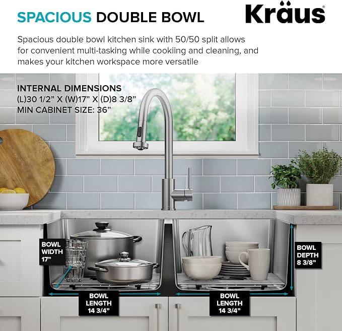 KRAUS Fairlane 33-inch Undermount Double Bowl 18-Gauge Stainless Steel Kitchen