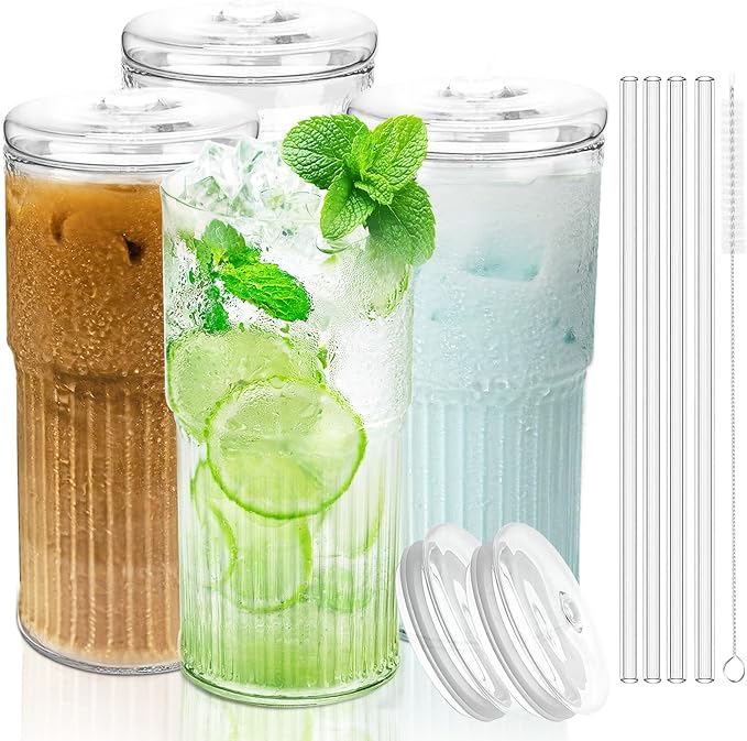 Luiaiog Glass Cups with Lids and Glass Straws, High Borosilicate 20OZ Tumblers (4Pcs) for Coffee, Tea, Juice, Smoothies, Hot/Cold Drinks at Home, Office