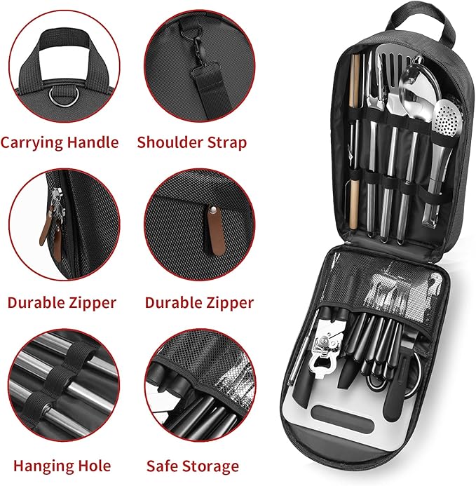 Portable Camping Kitchen Utensil Set-27 Piece Cookware Kit, Stainless Steel