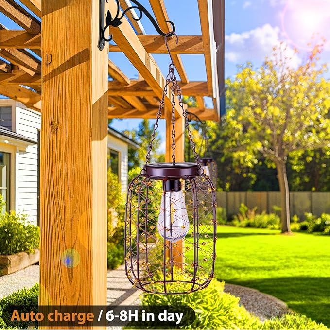 Hanging Solar Lanterns Outdoor Waterproof, Vintage Copper Hanging Lantern Lights