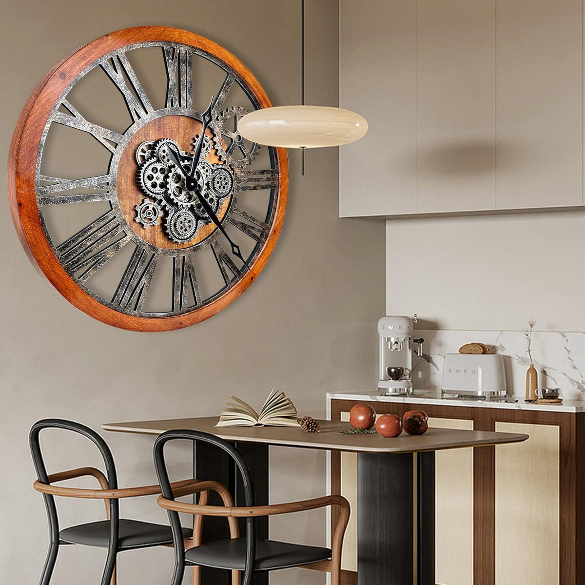 The B-Style 36" Large Moving Gear Wall Clock Oversized Vintage Farmhouse Wall Clocks for Living Room Decor Rustic Industrial Wood Clock (Brwon with Bronze Gears)