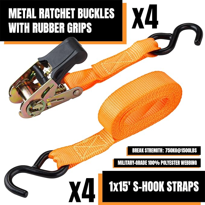 Cartman 1" x 15' Ratchet Tie Down up to 1500lbs 4pk in Carry Bag,