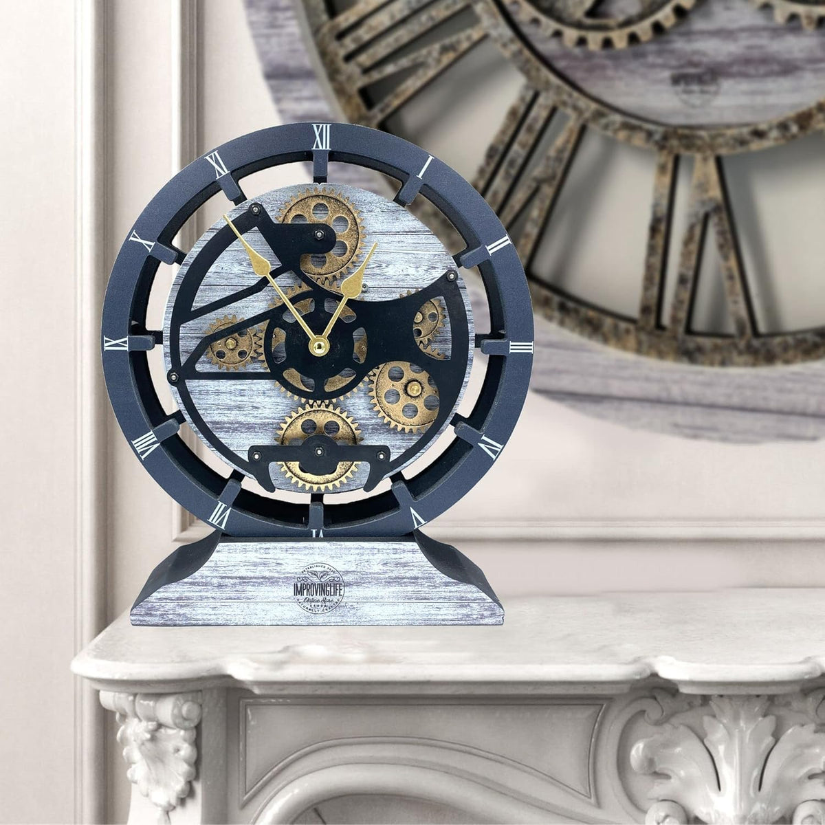 The Gears Clock Desk Clock 10 inches with Real Moving Gears Convertible into Wall Clock (Silver Glamour)