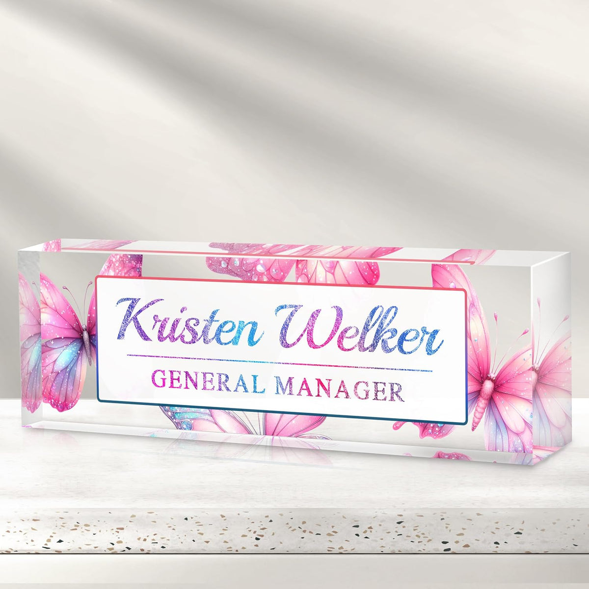Personalized Name Plate for Desk - Custom Engraved Name Plates for Man - Boss Day Gifts for Boss - Acrylic Office Decor Appreciation Gifts for Teacher Nurse Coworker Social Worker (Pink Butterfly)