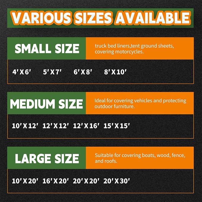 12x12 Feet Tarp Waterproof, 9Mil Thick, Finished Size Tarps, UV Resistant
