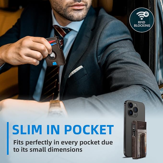 Airtag Wallet for Men, with Money Clip 10 Cards Metal Case Smart Slim Pop Up