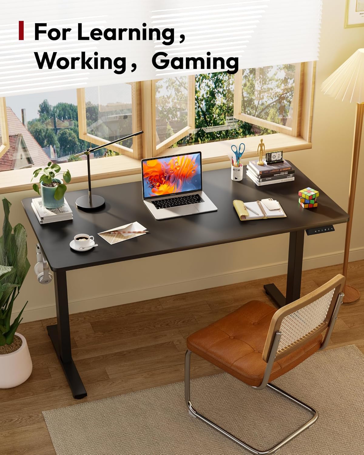 SANODESK Electric Standing Desk 60 x 24 Inches Whole-Piece Desktop Height Adjustable Stand Up Desk w/6-Button Controller Ergonomic Computer Desk for Home Office, Black Frame + Black Tabletop