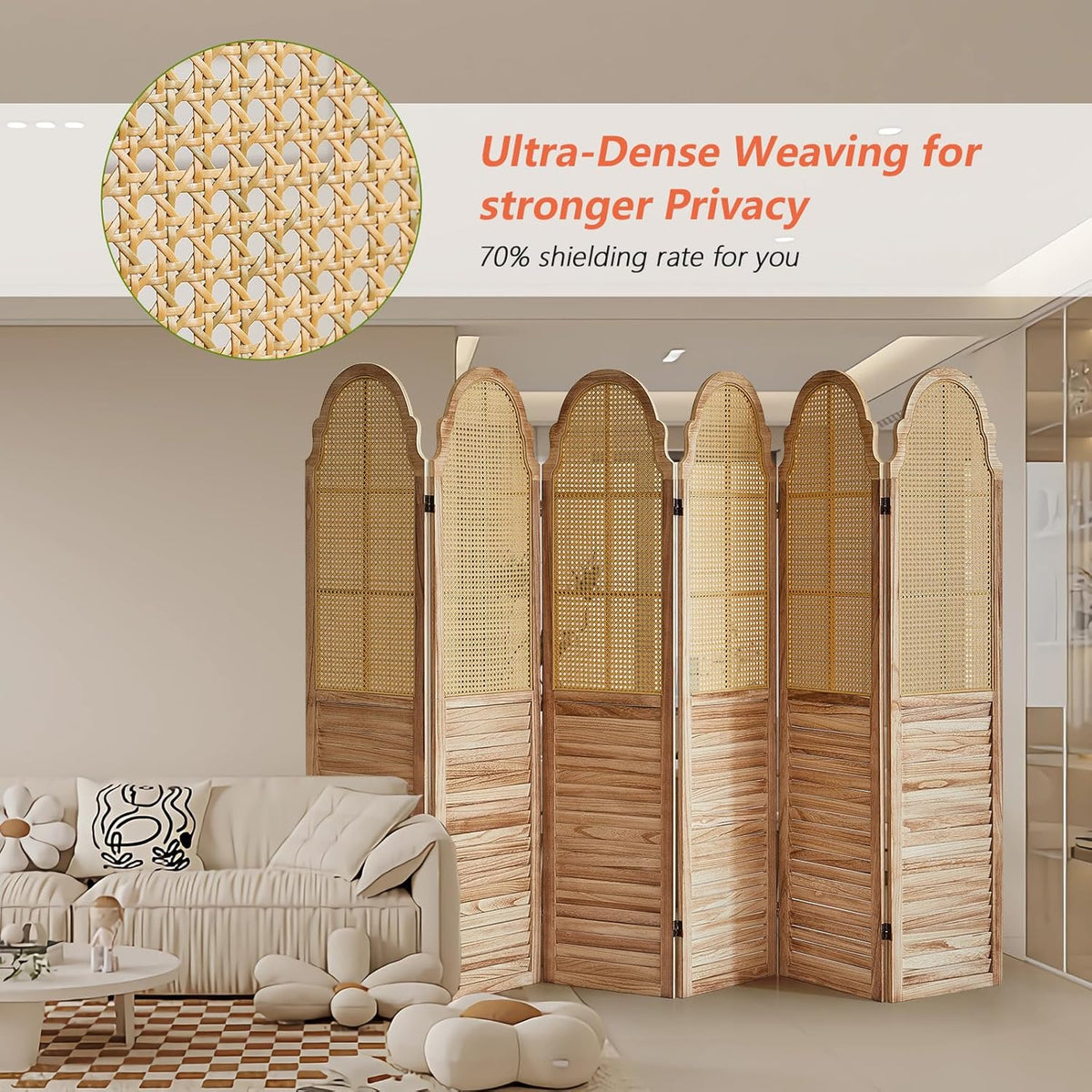 6 Panel Rattan Folding Screen Room Divider, Privacy Dividers for Rooms, Louvered Partition Dividers, Room Divider Panel for Bedroom, Dressing Room, Balcony, Light Brown