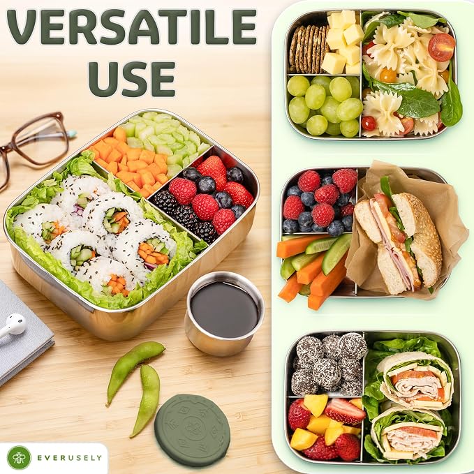 Everusely - Bento Box - Sage, 47oz / 1.4 L - Stainless Steel Lunch Box - 3