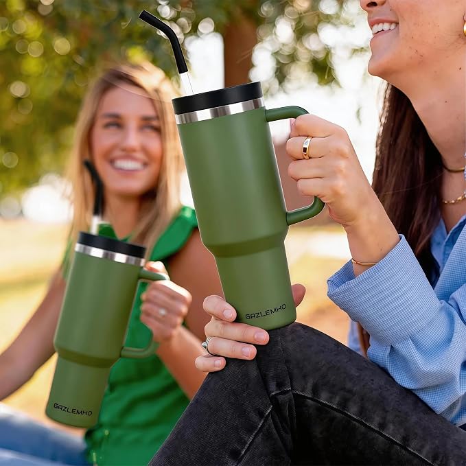 40oz Tumbler with Handle and Straw Spout 2-in-1 Lid, Spill Leak Proof Insulated Travel Cup Traveler Water Mug Keep Cold Hot, Dishwasher Safe Stainless Steel Bottle Gifts for Women Men, Army Green