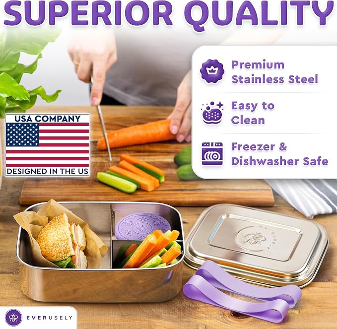 Everusely - Bento Box - Lavender, 60oz / 1.8 L - Stainless Steel Lunch Box - 3
