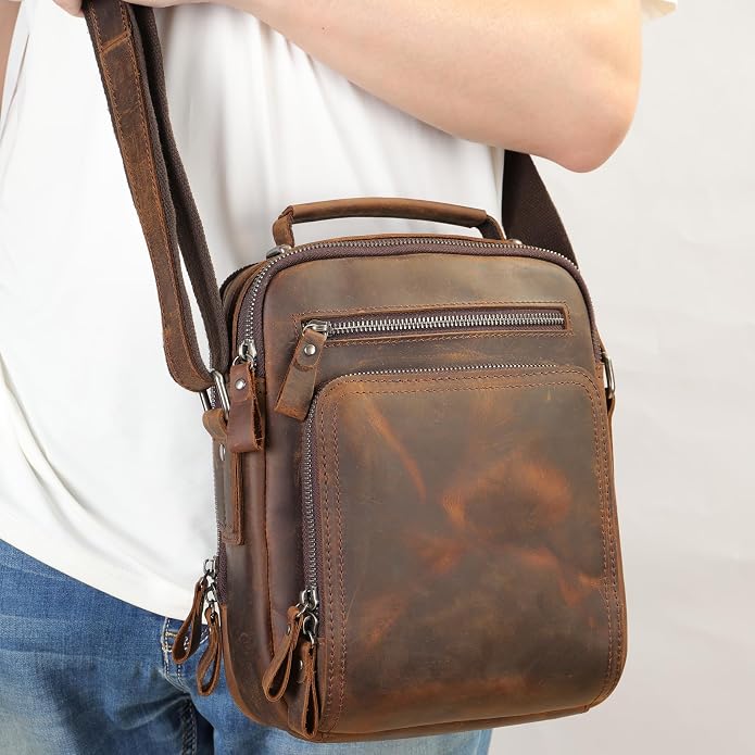 KPYWZER Genuine Leather Shoulder Bag Small Men Messenger Pack Handbag Sling