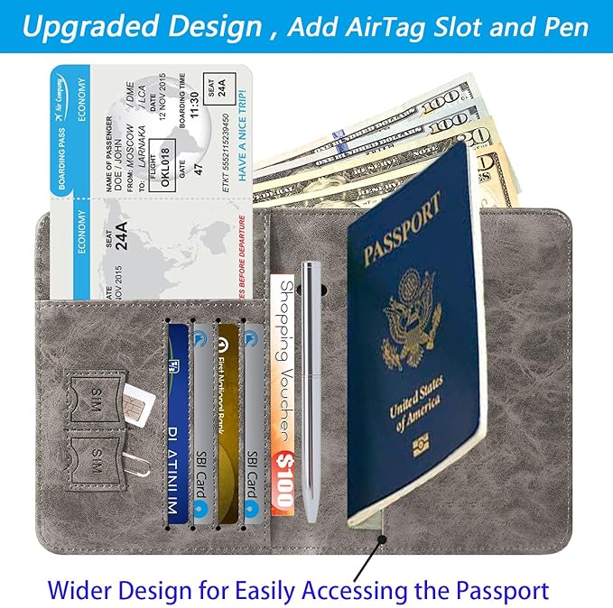 Airtag Passport Holder Cover Wallet Travel Essentials RFID Blocking Leather