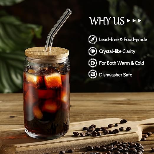 [ 12pcs Set ] Glass Cups with Bamboo Lids and Glass Straw - Beer Shaped Drinking Glasses, 16 oz Iced Coffee Glasses, Cute Tumbler Cup for Smoothie, Boba Tea, Whiskey, Water - 4 Cleaning Brushes