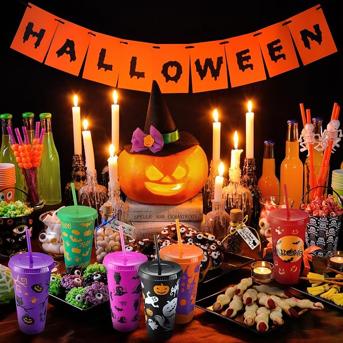 Honeydak 40 Pcs 24oz Halloween Tumblers Bulk Halloween Plastic Cups with Lids Reusable Water Bottle Iced Coffee Travel Mug Cup for Party Holiday Birthdays Goodie Bags Supplies