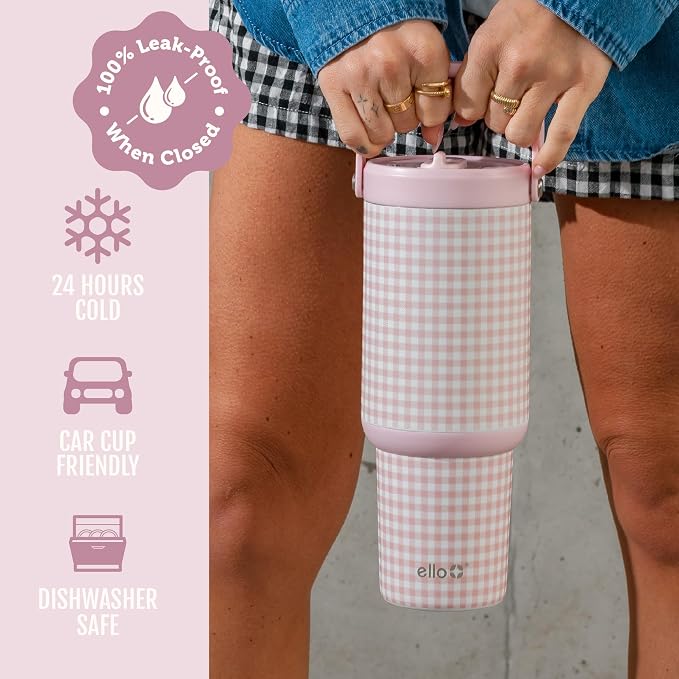 Ello Oasis Go+ 26oz Tumbler with Top Handle and Retracting Straw | Reusable Insulated Stainless Steel Cup, 100% Leakproof Water Bottle, 24 Hours Cold, Cup Holder Friendly For Travel | Pink Gingham