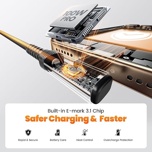 USB C Cable 100W Right Angle Fast Charging Cord, Nylon Braided USB 2.0 Cable