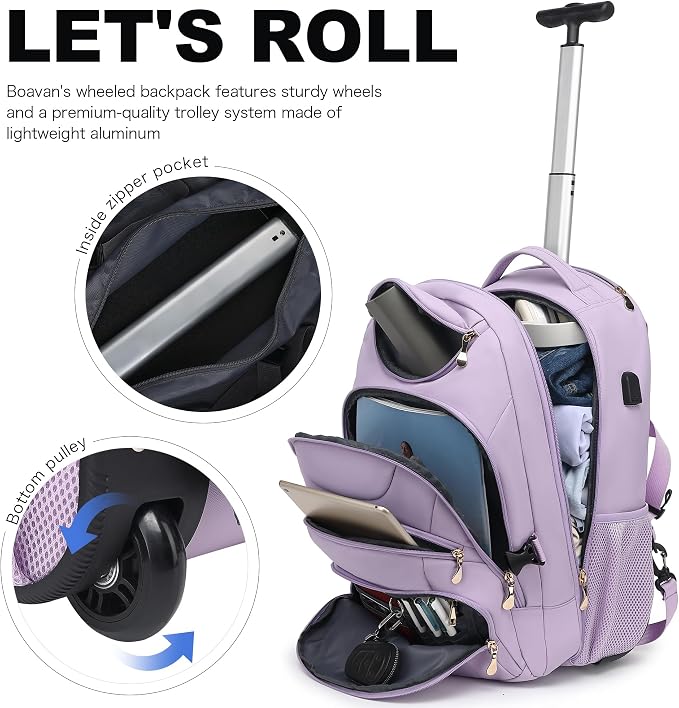 Boavan Rolling Backpack for Women, 17.3 Inch Wheeled Laptop Backpack, Large