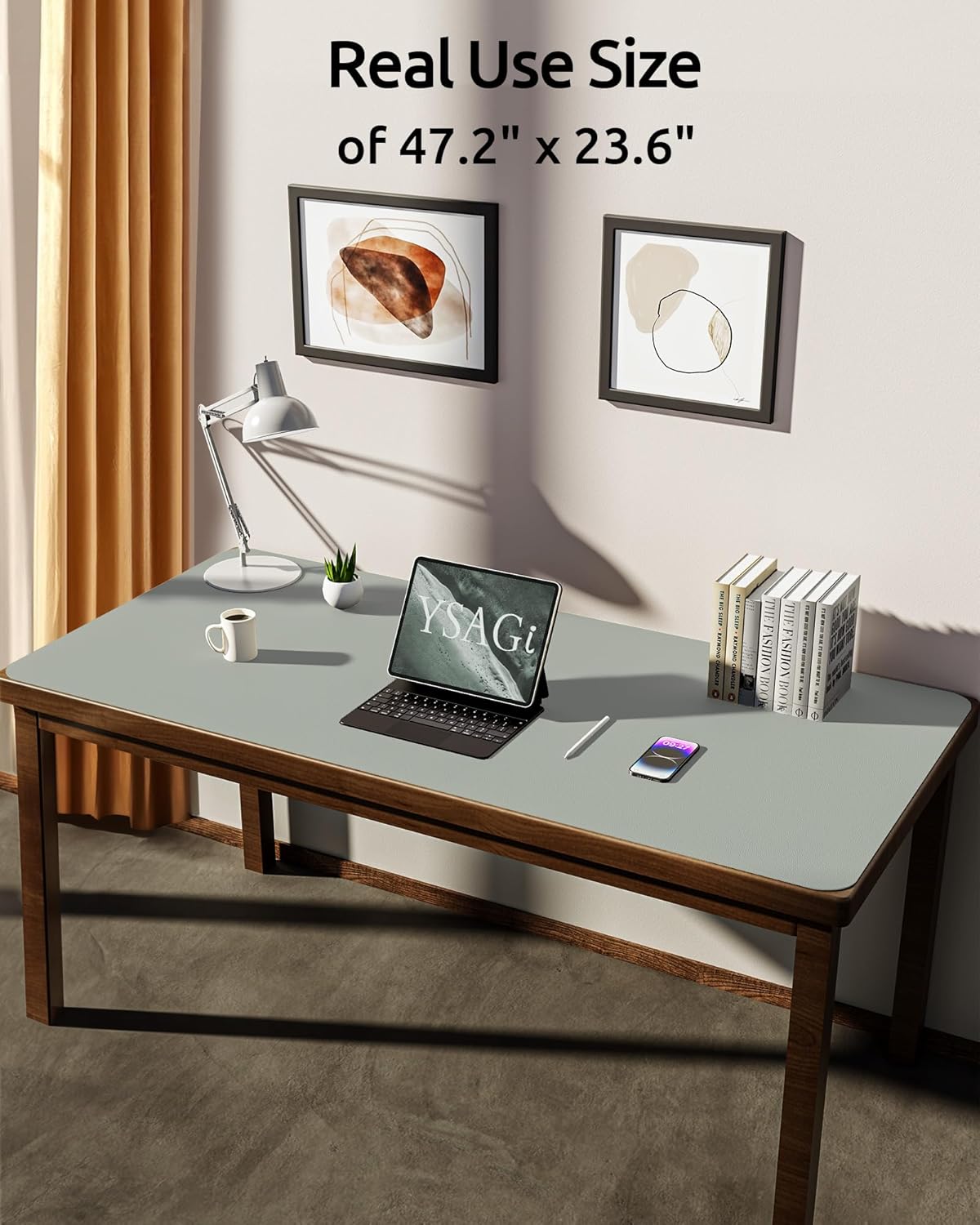 YSAGi Leather Desk Protector, Office Mat, Large Mouse Mat, Non-Slip PU Leather Blotter, Laptop Desk Pad, Waterproof Writing Pad for Office and Home (Grayish Green, 47.2" x 23.6")