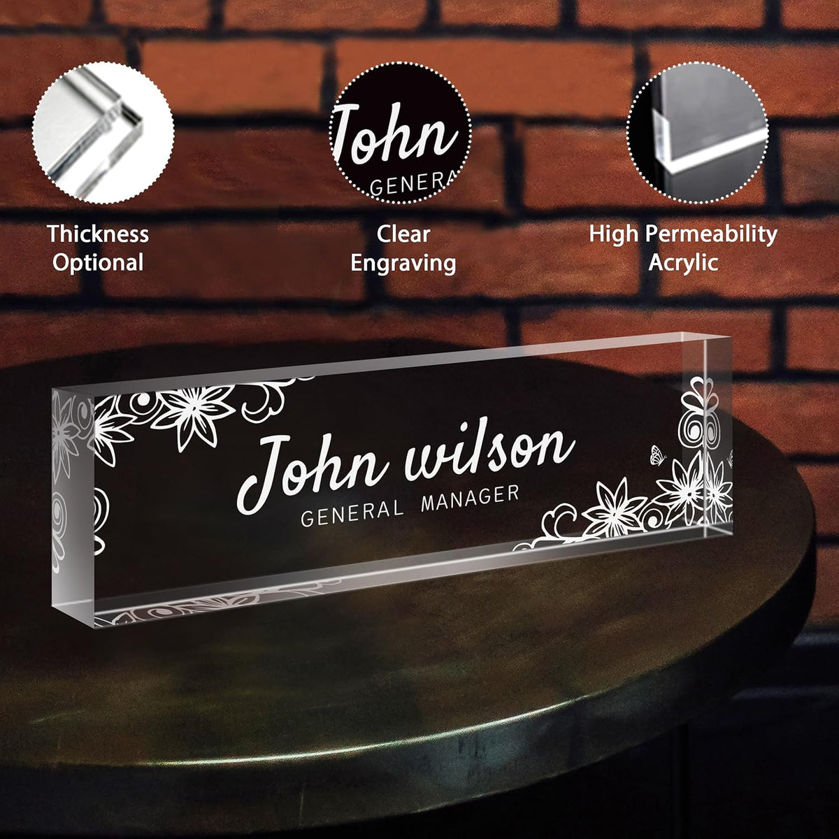 Personalized Name Plate for Desk - Custom Engraved Name Plates for Man - Boss Day Gifts for Boss - Acrylic Office Decor Appreciation Gifts for Teacher Nurse Coworker Social Worker (White Garden)