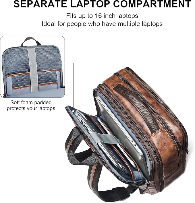 Vegan Leather Laptop Backpack for Women&Men, 16 Inch Expandable Backpack
