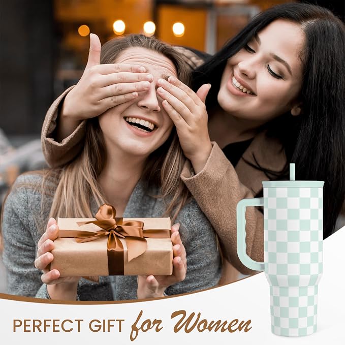 Checkered Tumbler with Handle 40oz, Mint Checker Cup Stainless Steel Insulated Tumblers Coffee Travel Mug Cups with Straw, Gifts for Women Girls Teen Birthday Christmas