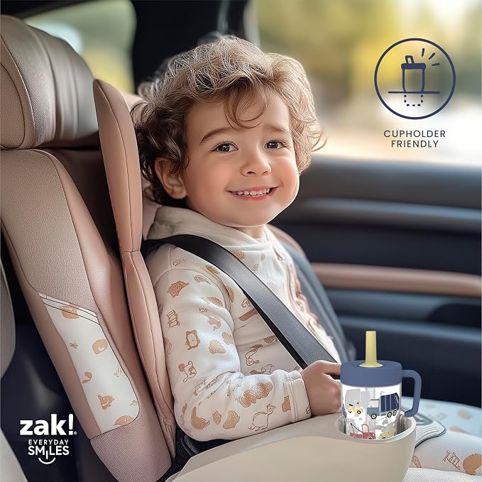 Zak Designs Capri Toddler Tumbler For Travel or At Home, 10oz 2-Pack Durable Plastic Sippy Cups With Handle and Leak-Proof Design are Perfect For Kids (Wheels, Blue)