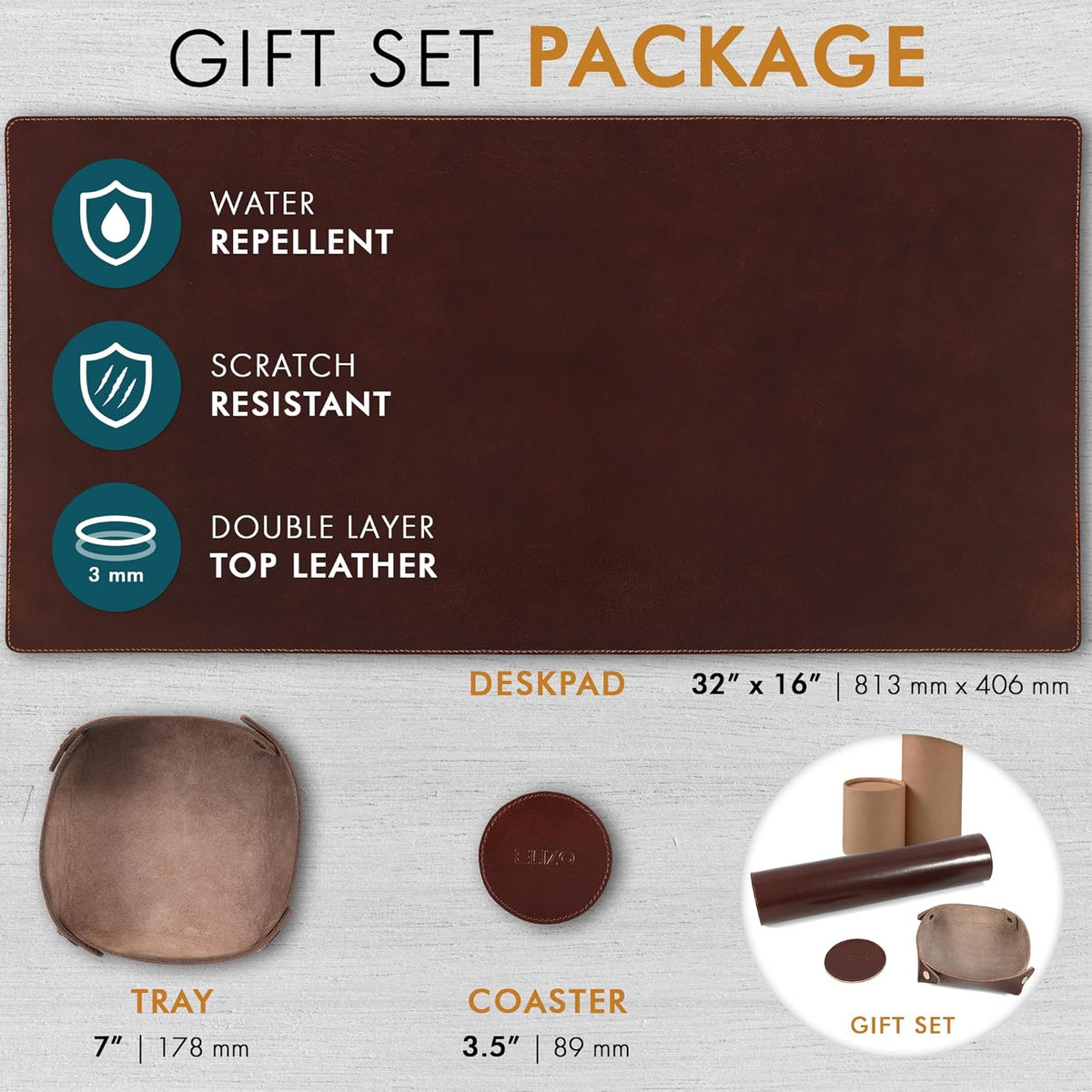 Elizo Leather Desk Mat Desk Pad Blotter Set - Real Full-Grain Leather (32x16) 2-Layer Genuine Desk Cover Protector & Large Mouse Pad | Computer Keyboard Desk Accessories for Office & Home