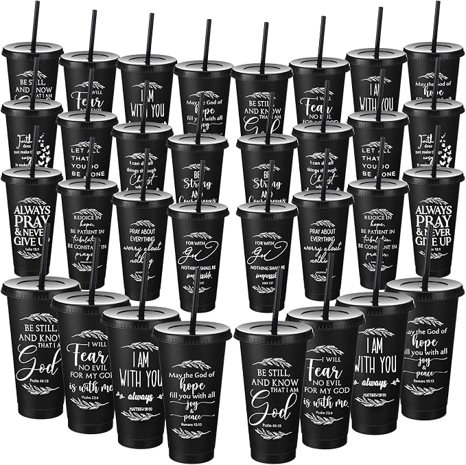 Havawish 48 Pcs Mothers Day Christian Tumbler Gift Bulk Religious Inspirational 24 oz Drinking Jesus Cup with Lid Straw Bible Verse Plastic Cup for Church Father Teacher First Communion (Black)