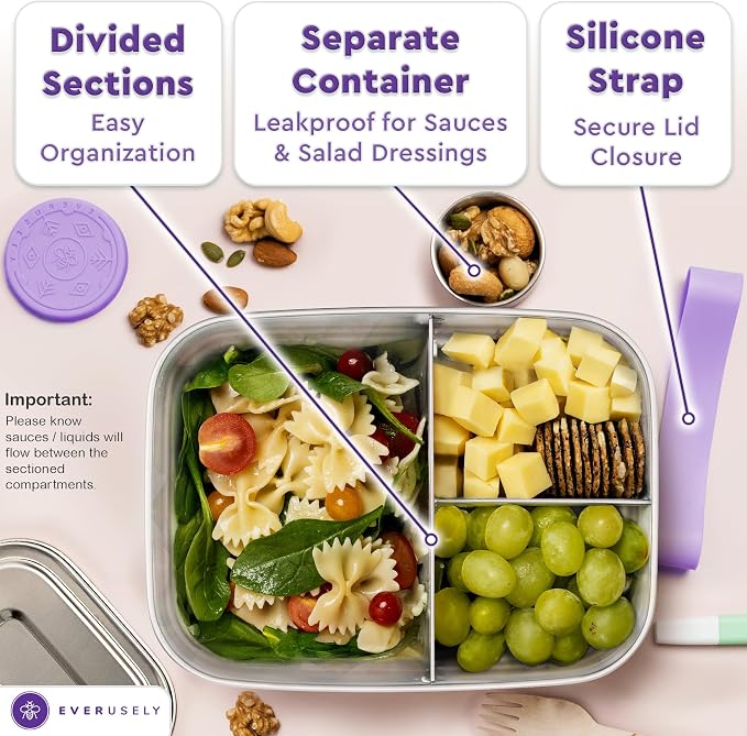 Everusely - Bento Box - Lavender, 60oz / 1.8 L - Stainless Steel Lunch Box - 3