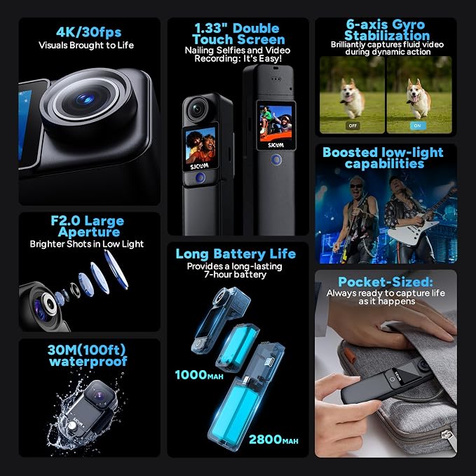 SJCAM C300 Pocket Action Camera 4K, 7Hour Power, 6-Axis Stabilization,