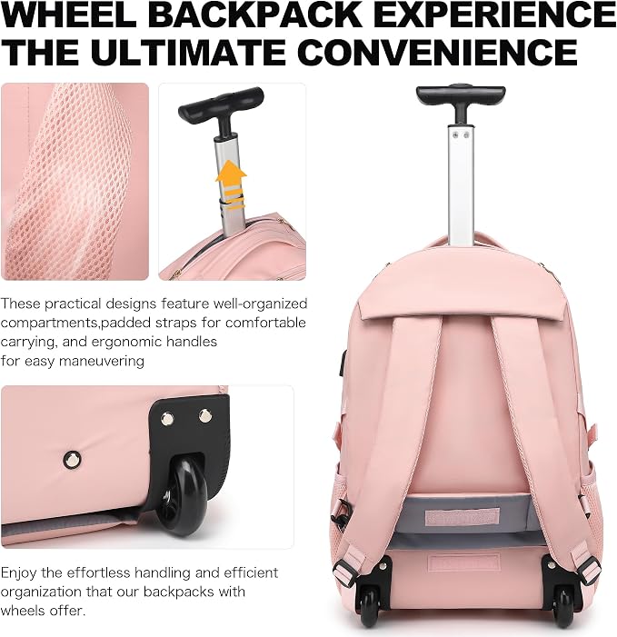 Boavan Rolling Backpack for Women, 17.3 Inch Wheeled Laptop Backpack, Large