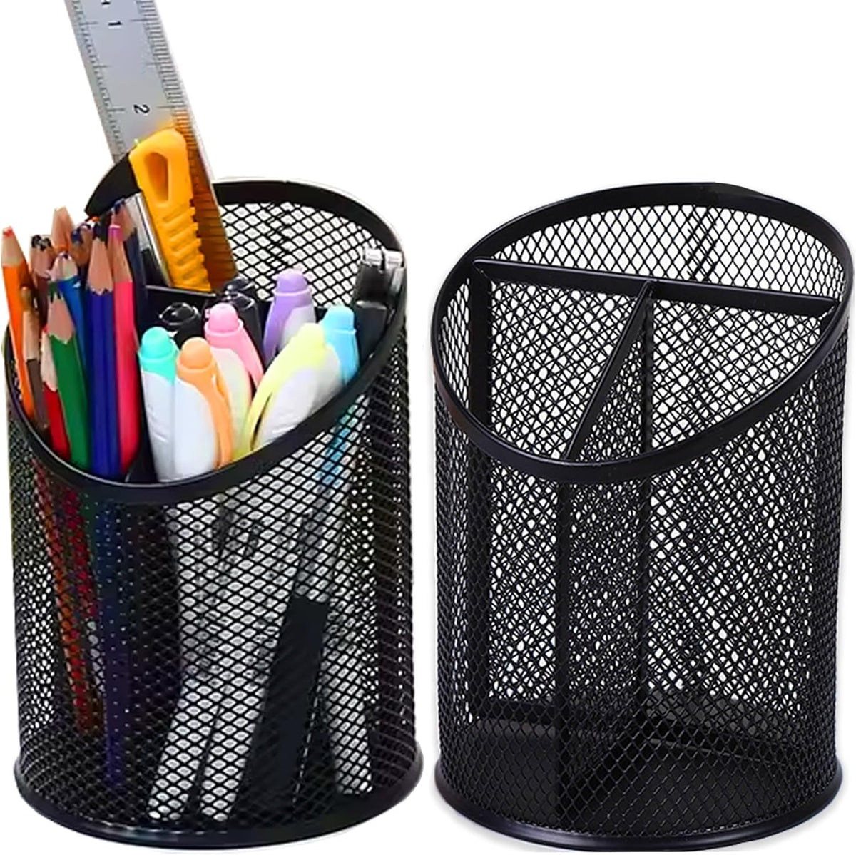 2 Pack Mesh Pencil Holder Pen Cup for Desk Round Black Pen Holder Desktop Pen Organizer 3 Compartments Pencil Organizer Desk Organizer for Office Home School