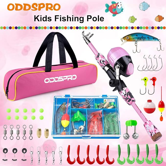 ODDSPRO Kids Fishing Pole Pink, Portable Telescopic Fishing Rod and Reel Combo
