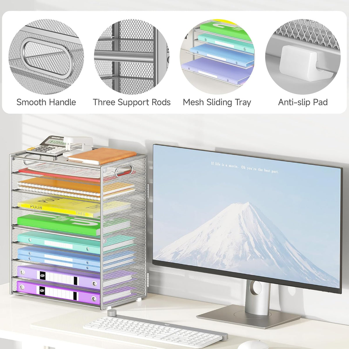 9 Tier Paper Organizer with Handle, Large Capacity Desk Organizer Mesh File Folder Letter Paper Tray Desktop Document Sorter for Classroom, School, and Office Accessories Organization- Silver