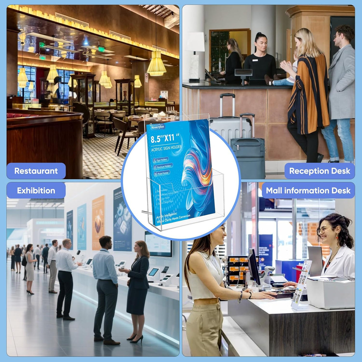 Acrylic Brochure Holder Wall Mount 8.5x11 – Clear Trifold Rack, Detachable Magnetic Rod, Easy-Carry Design for Wall or Desktop Display in Office, Retail, Trade Shows (4 Pack)