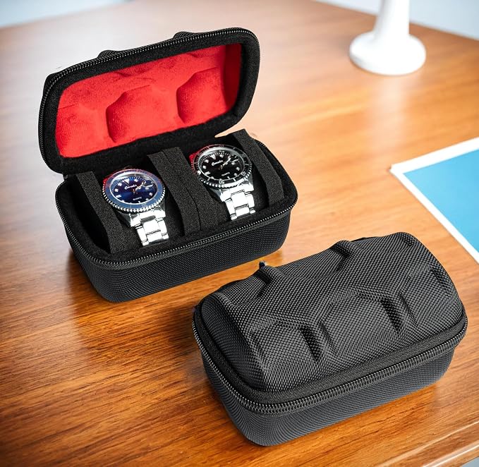 Hard Compact Watch Roll travel case, 2 Slots Portable holder and Organizer