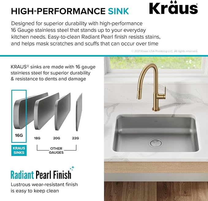 KRAUS Dex 25-inch Undermount 16 Gauge Stainless Steel Single Bowl ADA Kitchen