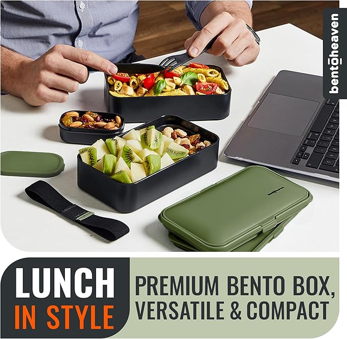 Bentoheaven Premium Bento Box Adult Lunch Box with Compartments for Women & Men, Set of Utensil & Chopsticks & Dip Container, Cute Japanese Kids Bento Lunch Box, Microwavable (Olive Garden)