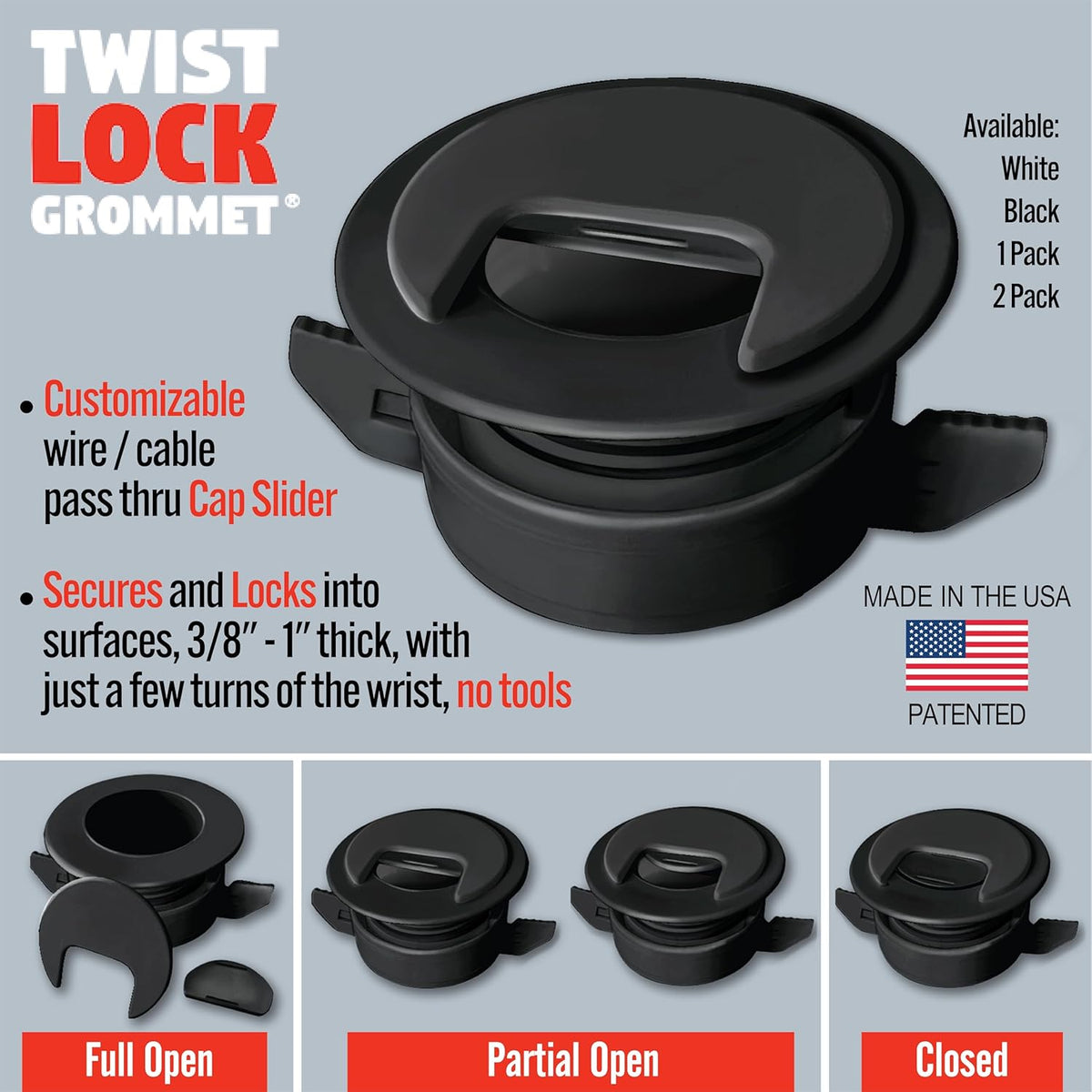 (2-Pack Black) Cable, Wire & Cord Management - Self Locking Grommet with Cover for Walls, Ceilings, Desks, Used for All Surfaces 3/8” to 1” Thick, Made in USA