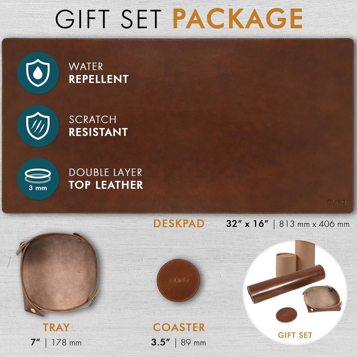 Elizo Leather Desk Mat Desk Pad Blotter Set - Real Full-Grain Leather (32x16) 2-Layer Genuine Desk Cover Protector & Large Mouse Pad | Computer Keyboard Desk Accessories for Office & Home