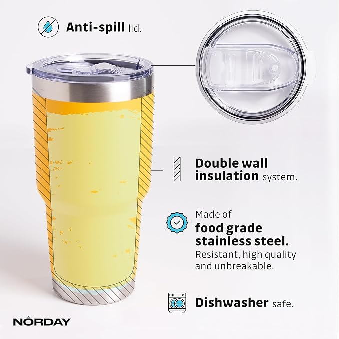 NORDAY | Tumbler with Lid - 30oz - Yellow Insulated Tumbler - Stainless Steel