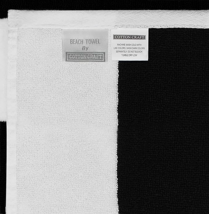 COTTON CRAFT Oversized XXL Beach Towel - 2 Pack 35x84 - The Big Kahuna 7 Foot Extra Large Beach Blanket Towel - Big & Tall - Huge 100% Cotton Velour Soft Luxury Pool Bath Towel - Cabana Stripe Black