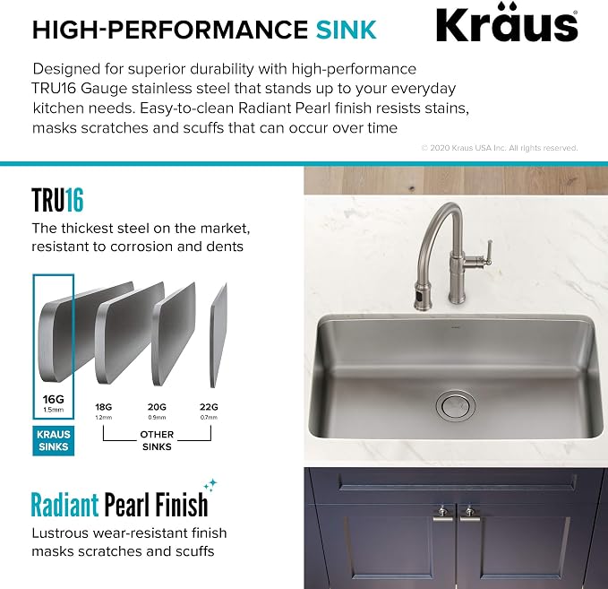 KRAUS Dex 33-inch Undermount 16 Gauge Stainless Steel Single Bowl Kitchen Sink