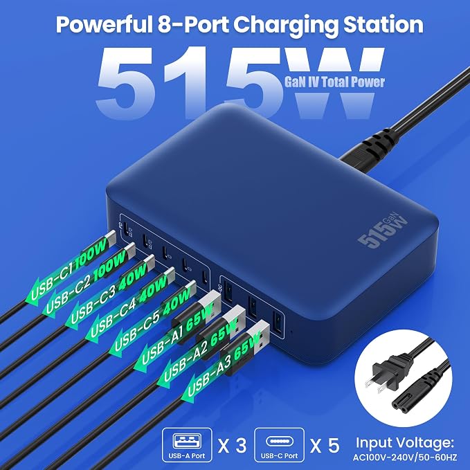USB C Charger Block 515W GaN IV 8 Port Fast Charging Station Hub, Dual PD 100W