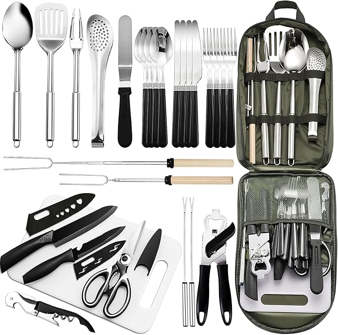 Portable Camping Kitchen Utensil Set-27 Piece Cookware Kit, Stainless Steel