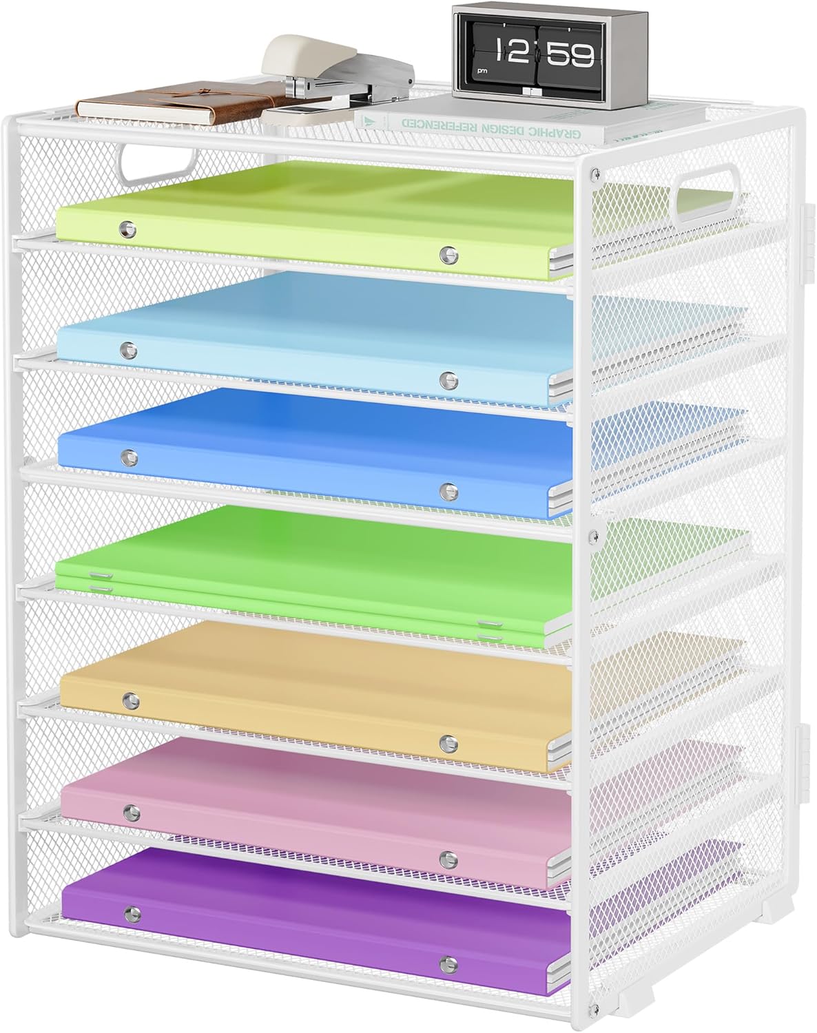 8 Tier Paper Organizer with Handle, Metal Mesh Desk File Organizer, Large Capacity Desk Organizers Paper Letter Tray Desktop Document Sorter for Office, Home or School - White